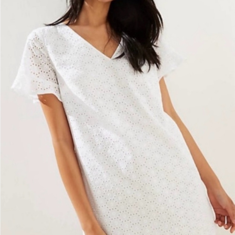 Loft Elegant White Eyelet Dress v-neck Size 6